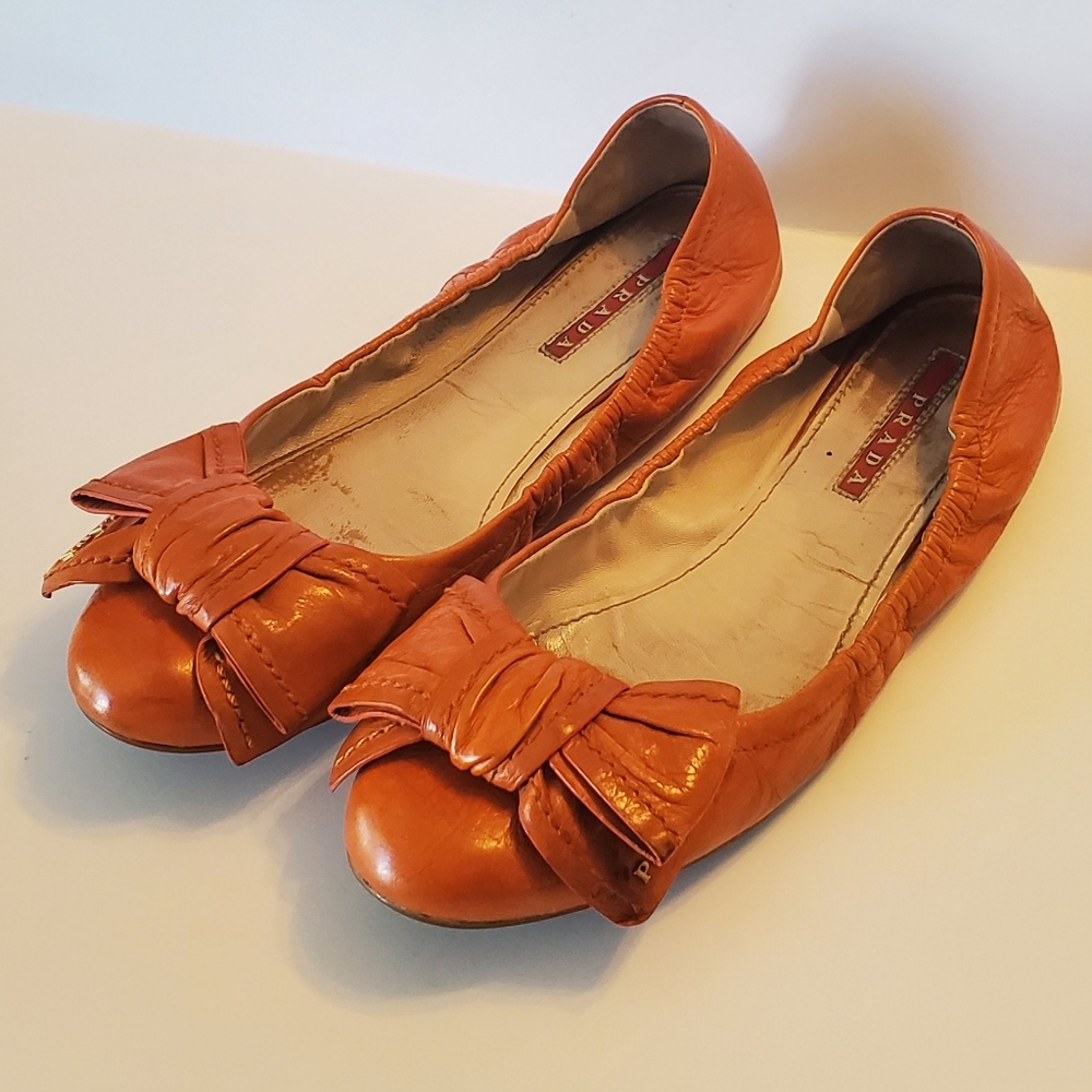 Prada Orange Leather Bow Flats